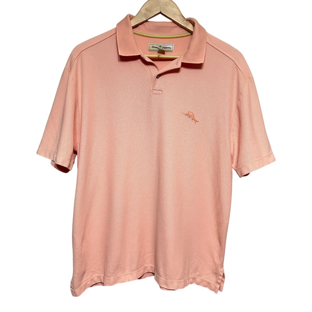 Tommy Bahama Polo Shirt Mens L Coral Embroidered Casual‎ Resort Cotton Vacation